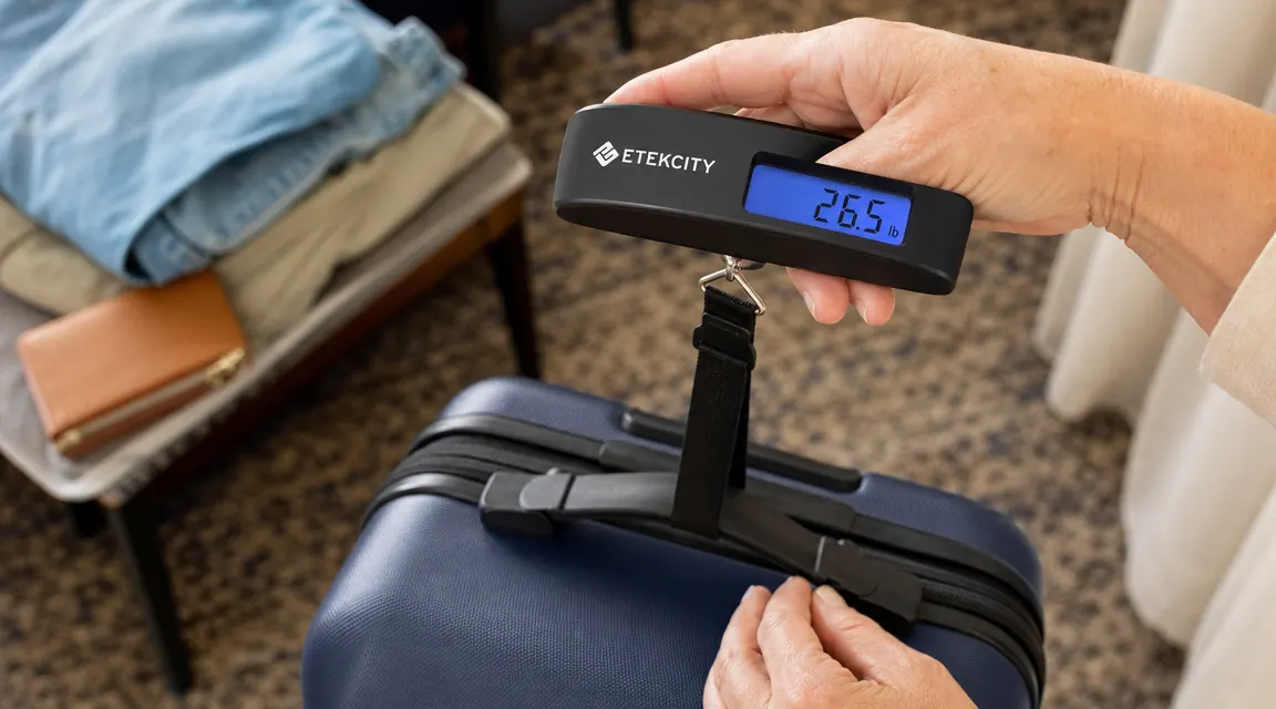 Close-up of the Etekcity digital luggage scale display reading 48.6 lbs while a bag hangs from the strap