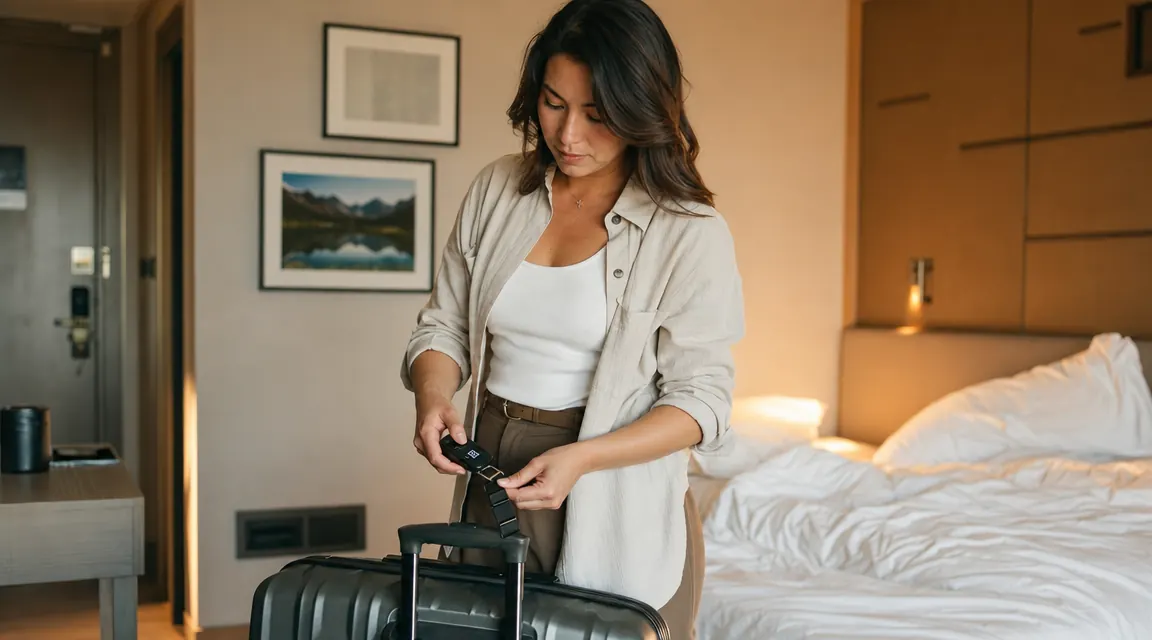 Traveler weighing a rolling suitcase with a small digital luggage scale in a bright hotel room before heading to the airport