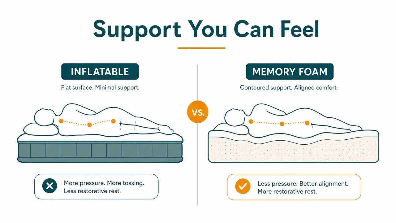 Side-by-side comparison of a cheap inflatable travel pillow versus a thick memory foam travel pillow