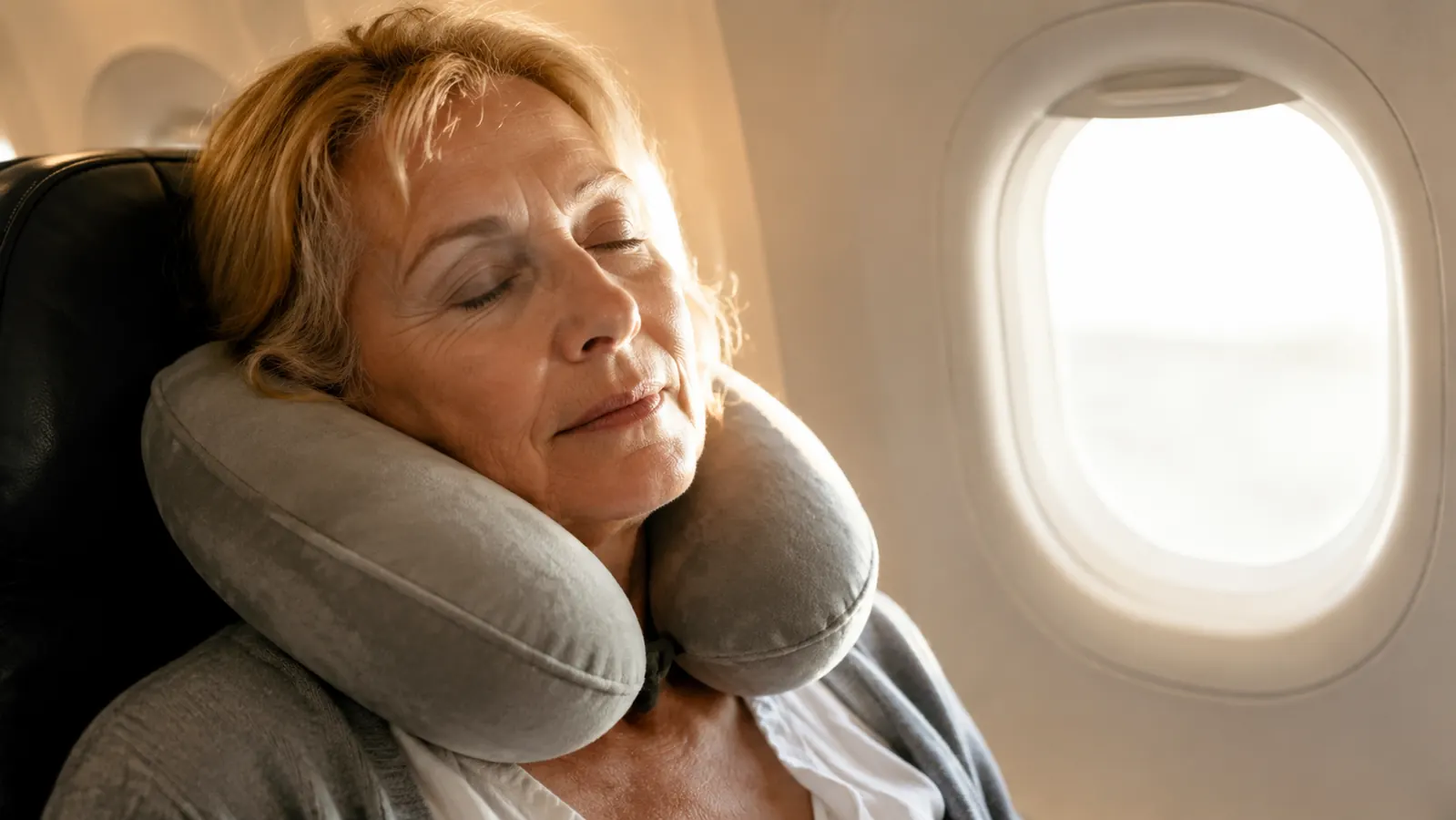 Traveler resting comfortably in an airplane window seat with a gray memory foam neck pillow, soft cabin light