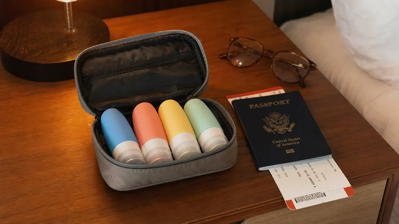 Travel toiletry bag packed with reusable silicone bottles sitting beside a passport and boarding pass