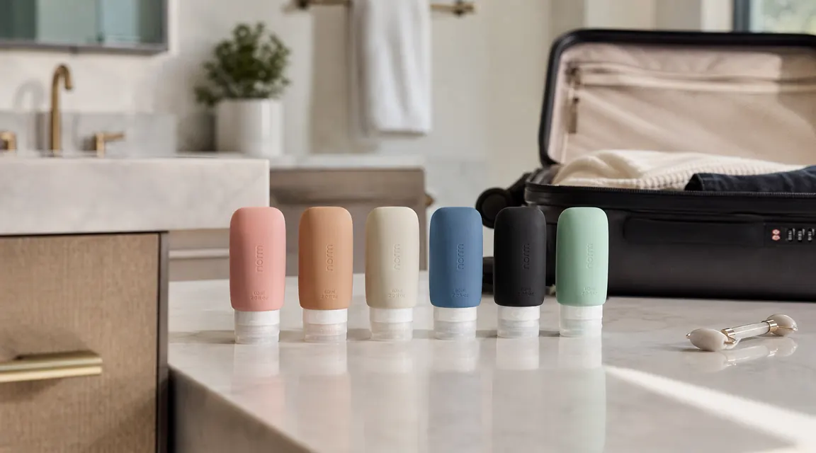 Colorful silicone travel bottles lined up on a bathroom counter next to an open carry-on bag ready to pack