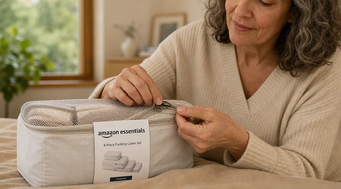 Close-up of a hand pinching the zipper pull on an Amazon Essentials packing cube, inspecting the seam
