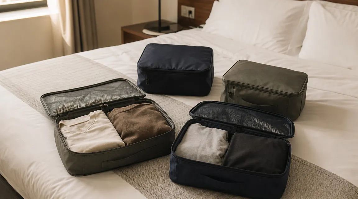 Four Amazon Essentials packing cubes laid out open on a hotel bed, showing contents half-packed