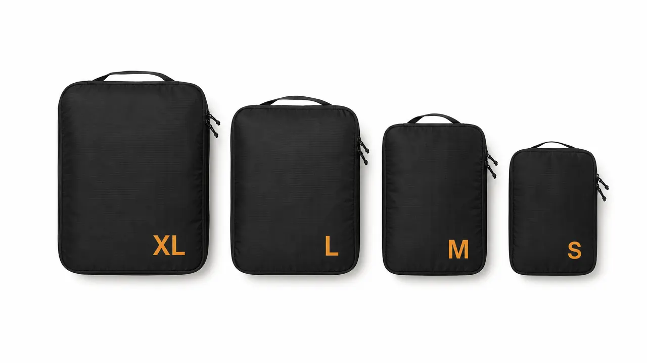 Four packing cubes laid flat showing size differences: extra large, large, medium, and small