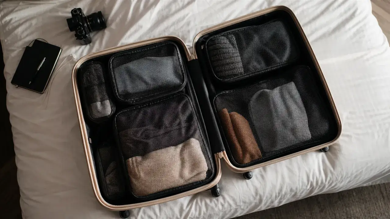 Open carry-on suitcase on a hotel bed, neatly organized with teal and black packing cubes visible