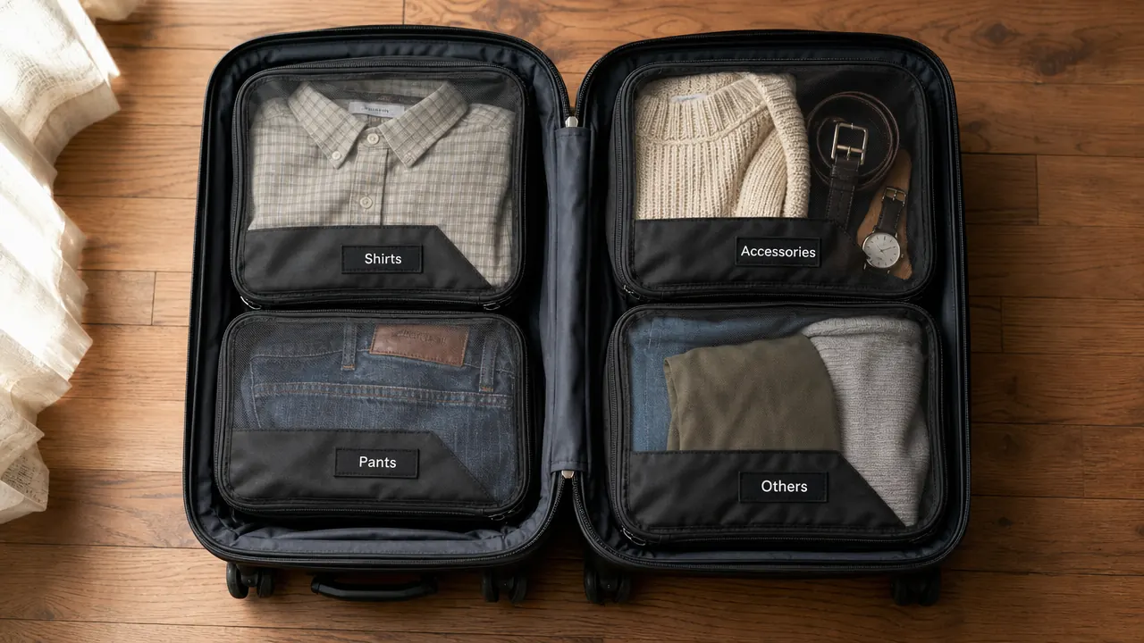 Organized open suitcase showing a full week of clothes sorted into four packing cubes, ready for a carry-on trip