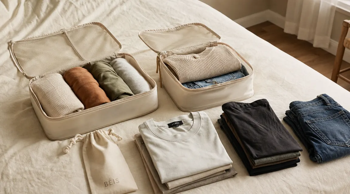 Two open packing cube sets laid out side by side on a bed, one black Amazon Essentials set and one BAGAIL set, surrounded by folded clothes ready to pack