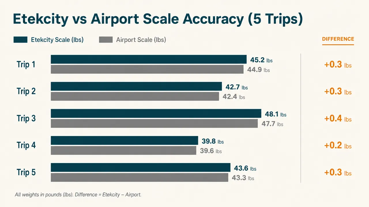Bar chart comparing luggage scale accuracy readings against an airport check-in scale across five weigh-in tests