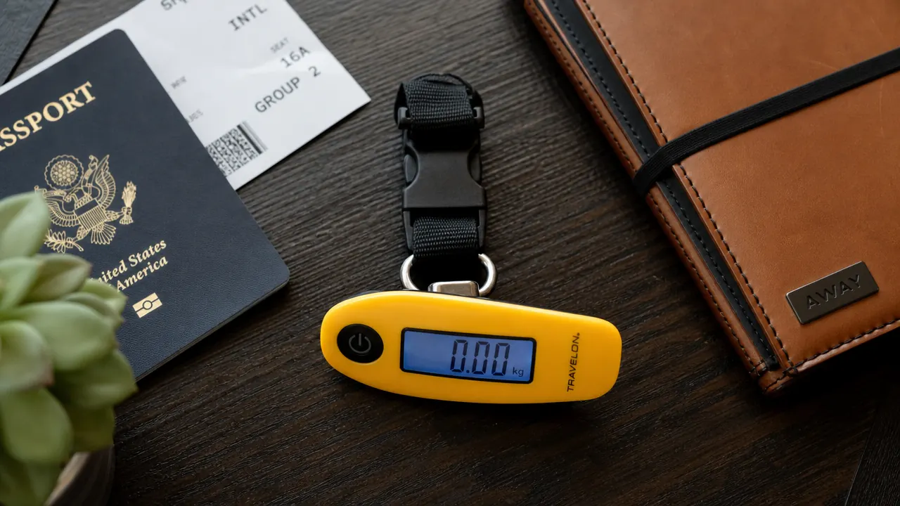 Etekcity luggage scale next to a passport and boarding pass on an airport lounge table