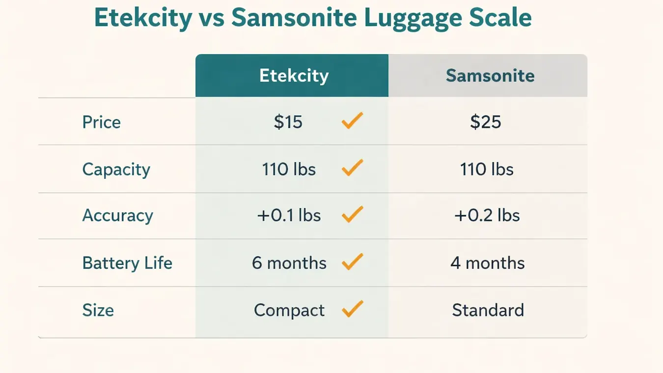 Chart comparing Etekcity vs Samsonite luggage scale across price, accuracy, capacity, and features