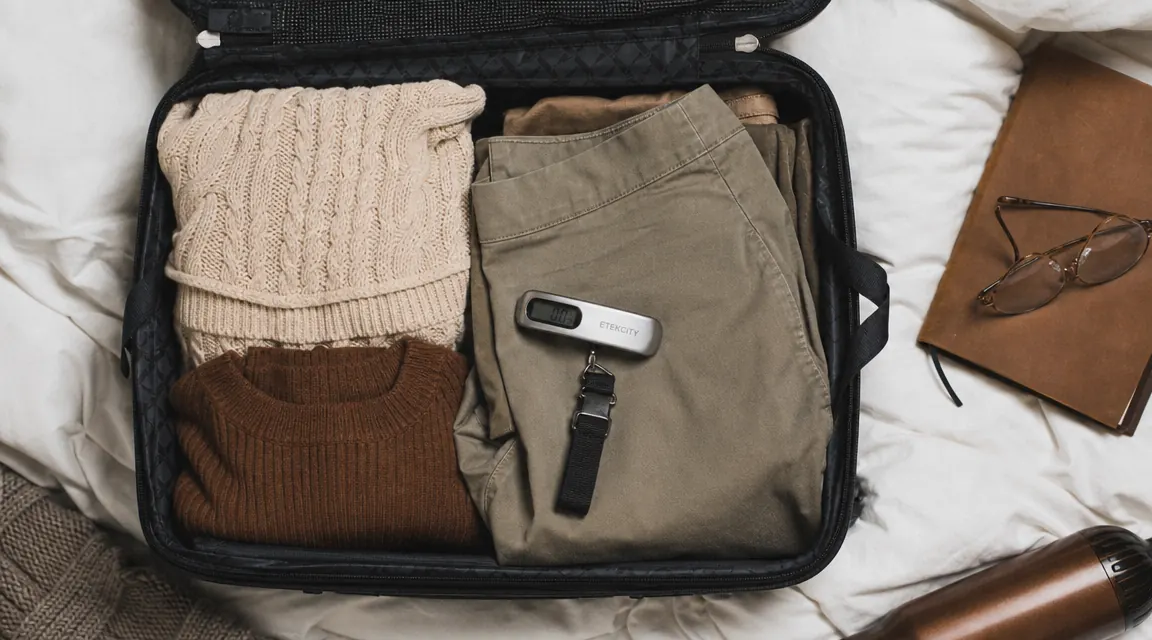 Overhead flat-lay of a suitcase open on a bed with neat clothing, the Etekcity scale resting on top, ready to weigh