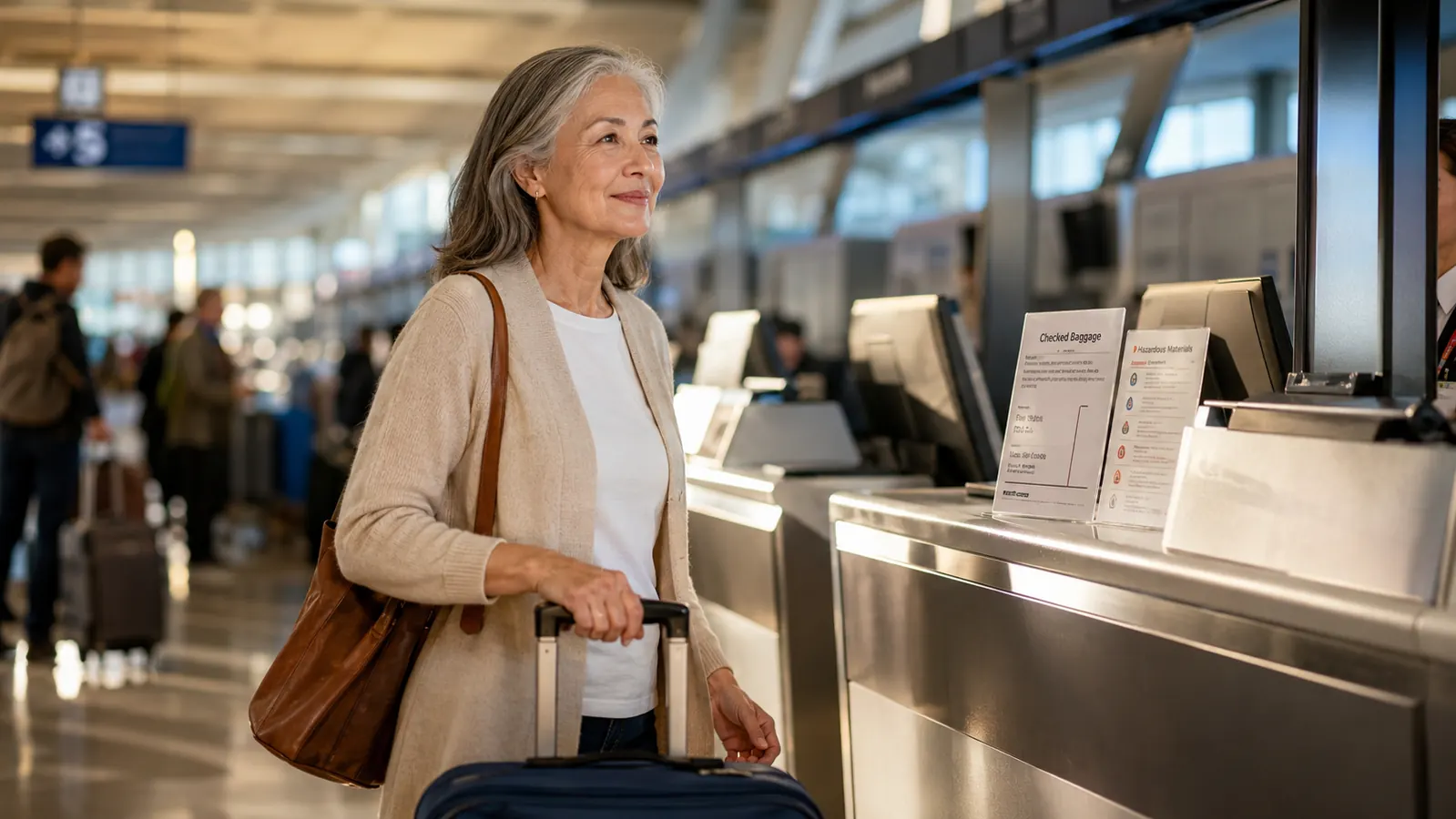 Woman standing at an airport check-in counter looking relieved, rolling suitcase beside her, bright terminal windows behind