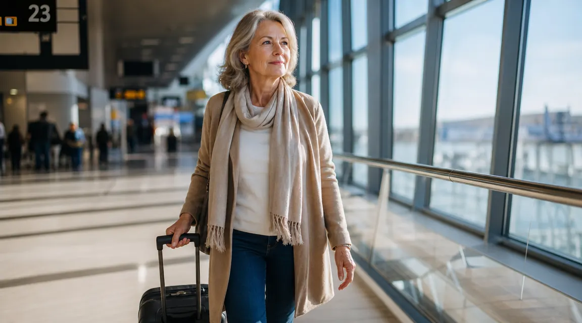 Woman walking through an airport terminal pulling a small carry-on bag, no checked luggage, looking unhurried