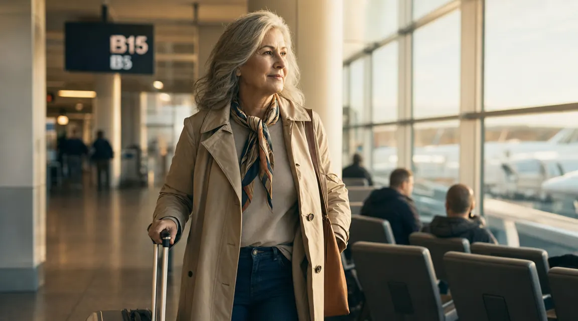Woman zipping a compact carry-on suitcase at an airport gate, looking relaxed and ready to board