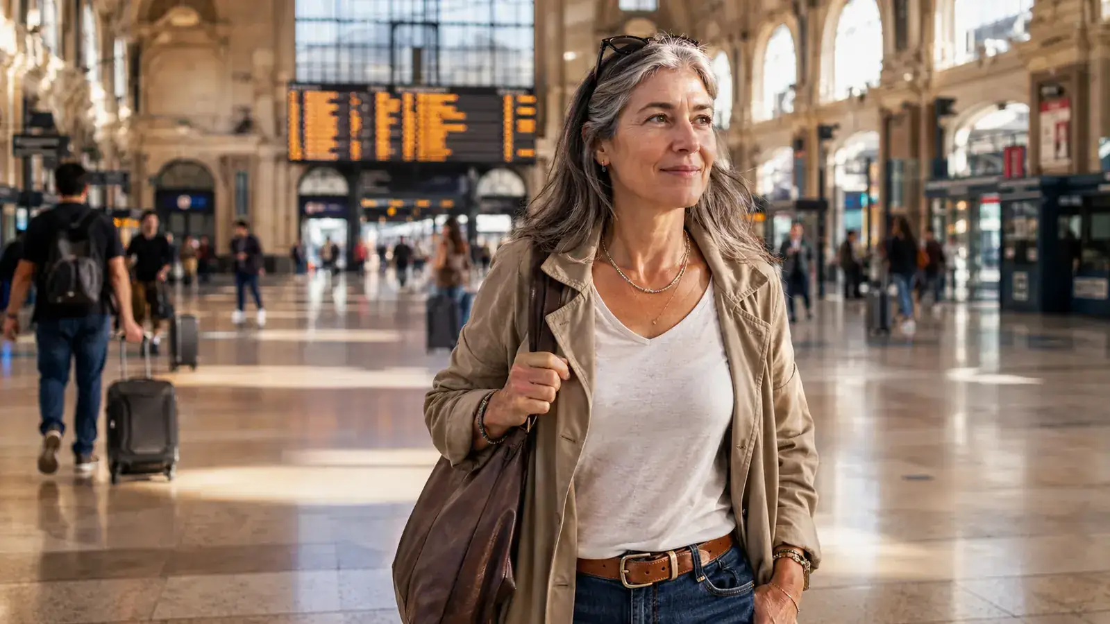 Woman in her 50s walking through a busy European train station, looking relaxed and confident, travel bag over one shoulder