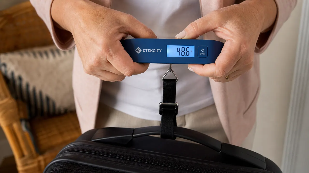 Close-up of the Etekcity digital luggage scale display showing a reading of 48.6 pounds with a suitcase strap looped through the hook