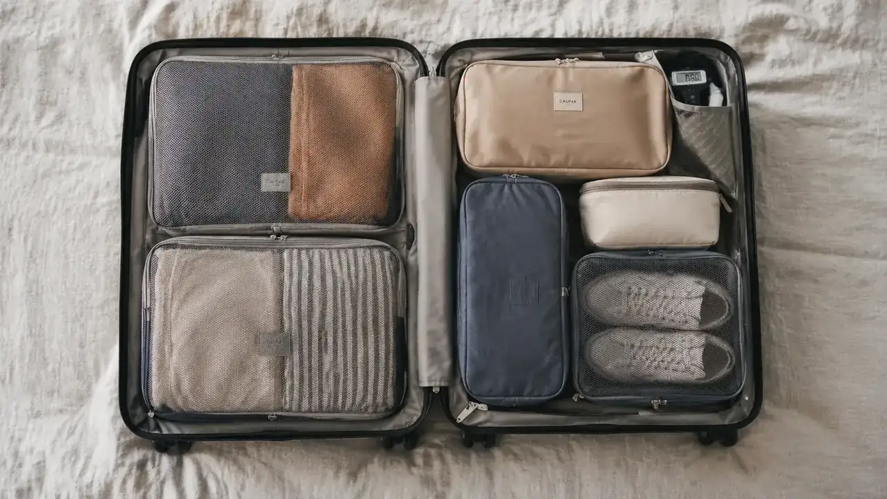 Overhead flat-lay of an open suitcase with packing cubes, travel bottles, and a small digital luggage scale tucked in a corner pocket