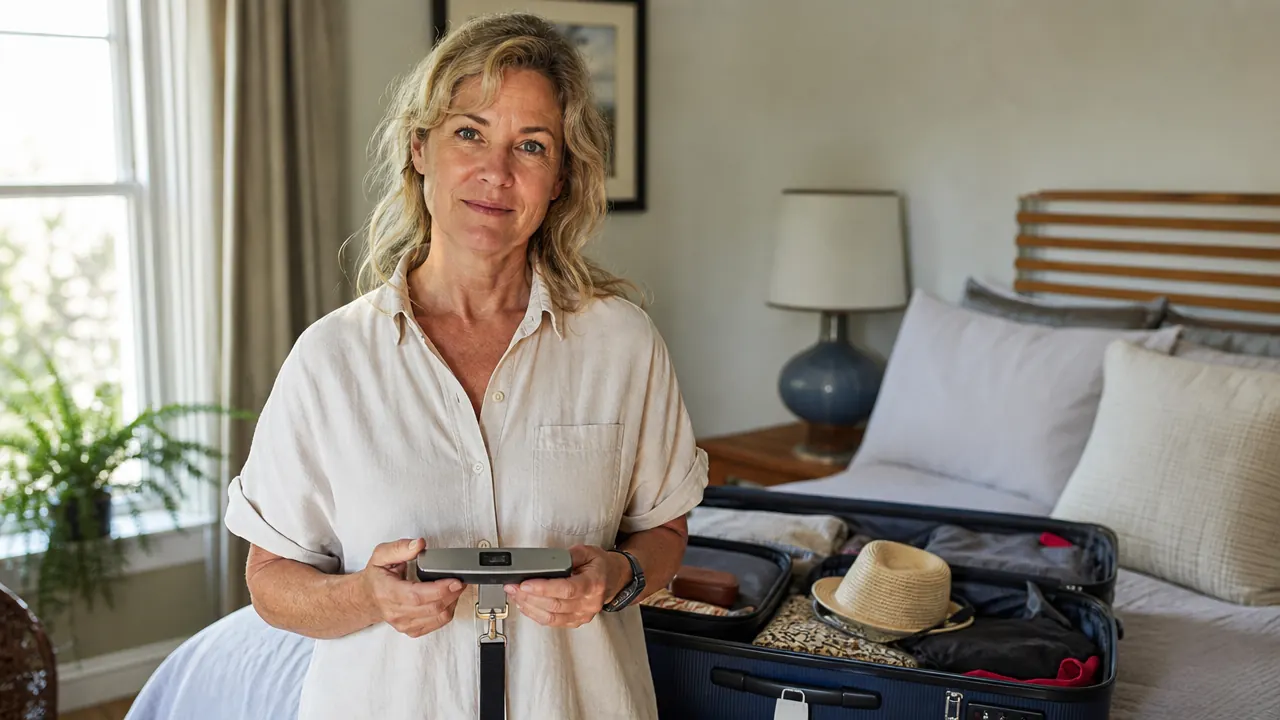 Traveler weighing a suitcase with a digital luggage scale before packing is finished, standing in a bright bedroom