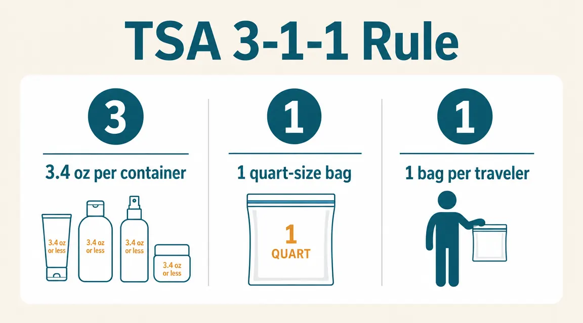 Chart showing TSA 3-1-1 rule: each container 3.4 oz or less, all containers fit in 1 quart bag, 1 bag per passenger