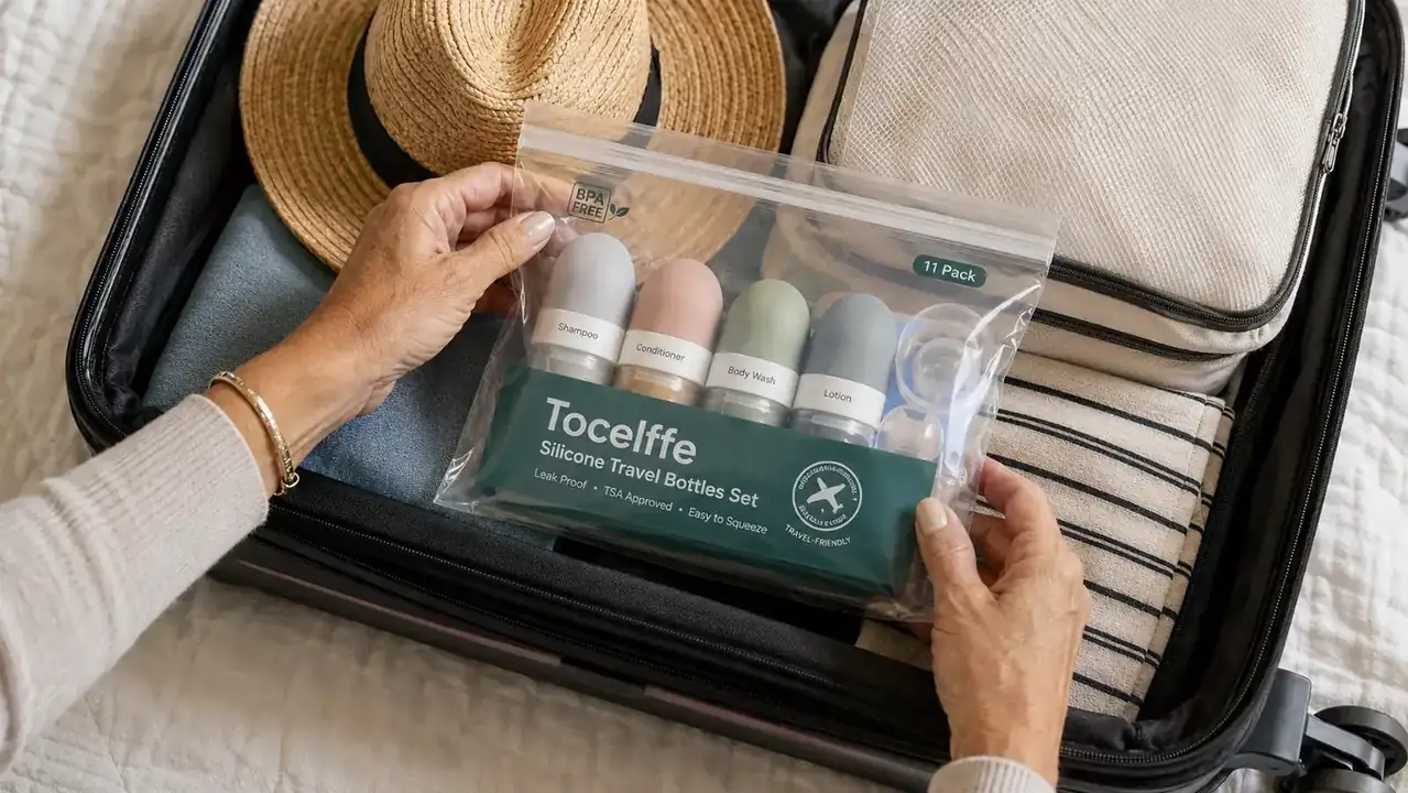 Fully packed quart-sized zip bag with labeled travel bottles fitting neatly inside a carry-on bag pocket