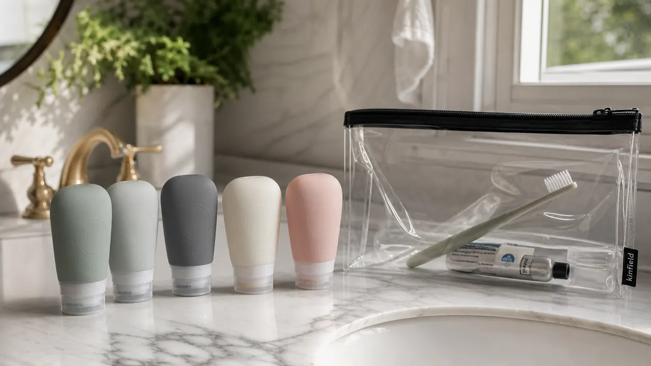 Neatly arranged toiletry items beside a small quart-sized clear zip bag on a wooden bathroom vanity, ready for carry-on packing