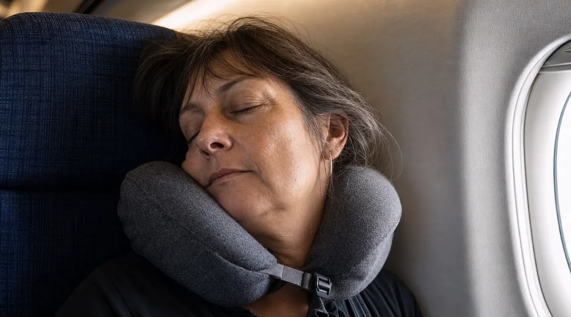 Passenger resting comfortably against an airplane window with a memory foam neck pillow, soft cabin lighting