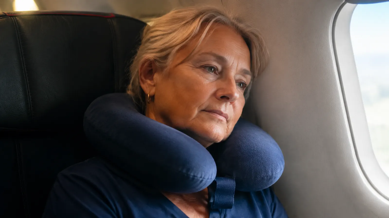 Traveler wearing a neck pillow in a window seat, head resting at a slight angle toward the window
