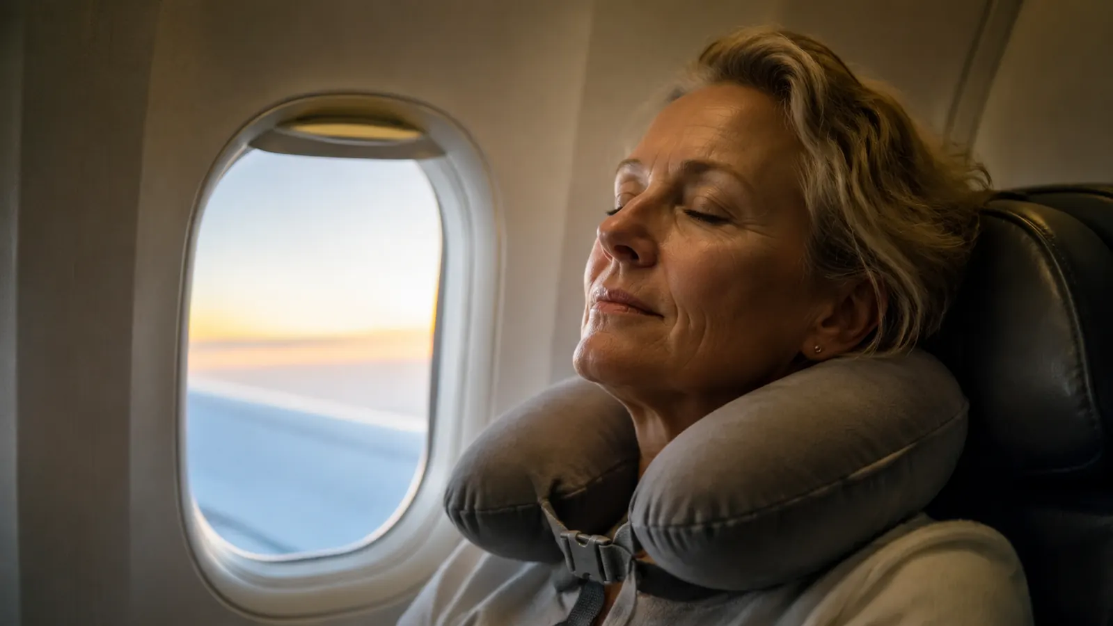Woman resting on a window seat on a long-haul flight, wearing a teal memory foam neck pillow, soft cabin lighting