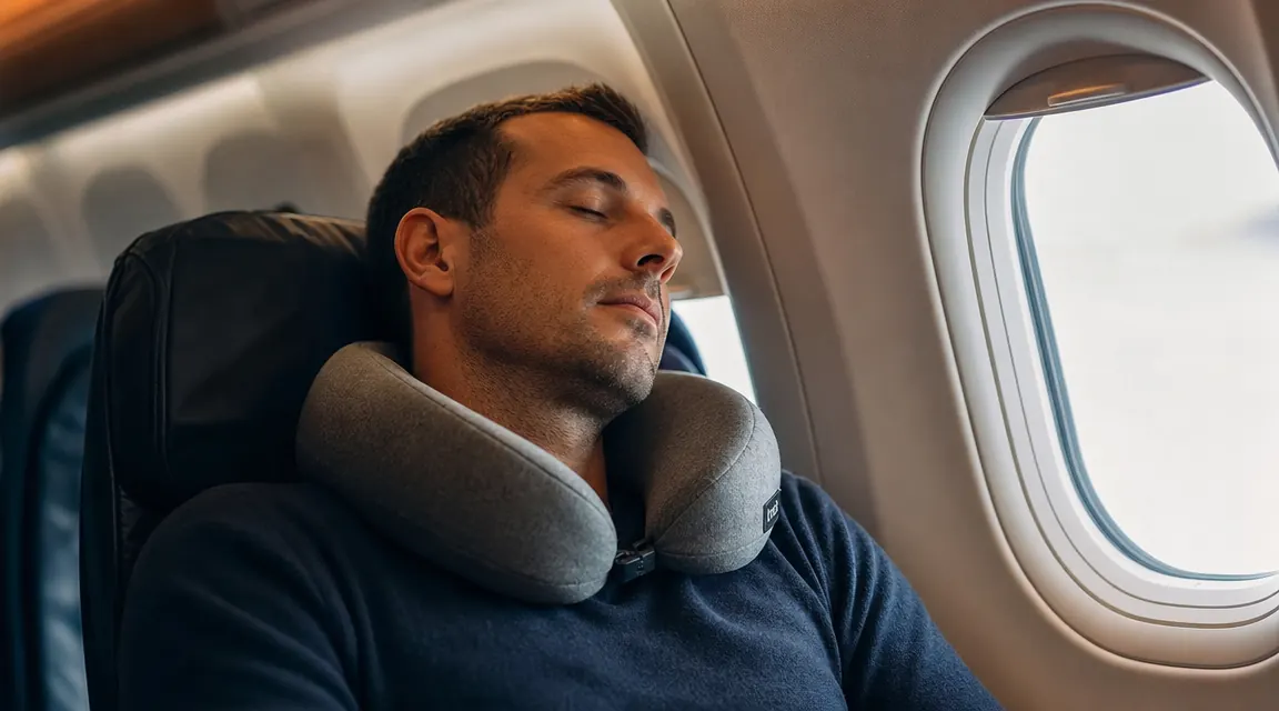 Traveler sleeping comfortably against an airplane window using a memory foam neck pillow