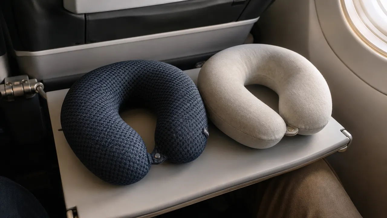 Two travel neck pillows resting side by side on an airplane tray table near a window seat