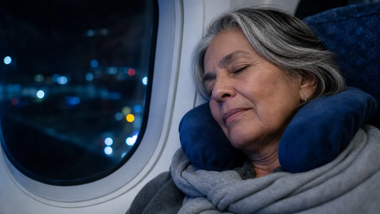 Woman resting comfortably against an airplane window seat with a memory foam neck pillow, soft cabin lighting