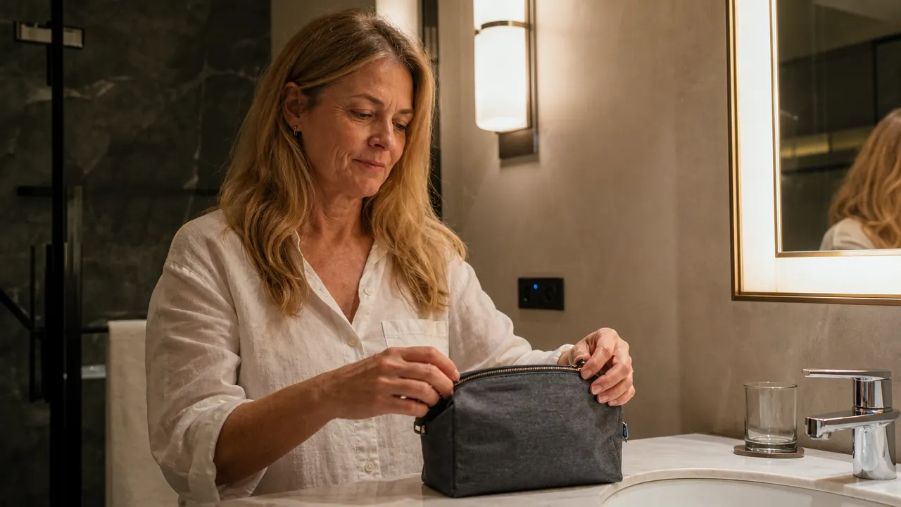 Traveler zipping a toiletry bag with no visible spills or mess