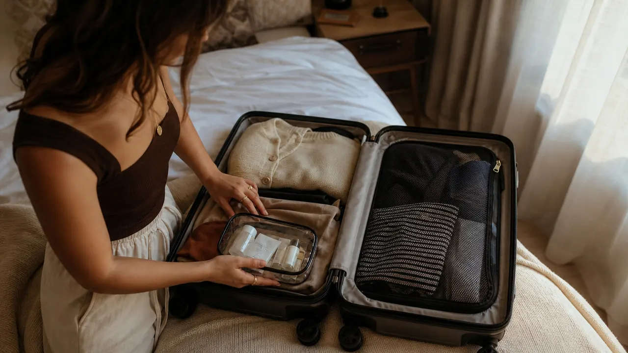 Open carry-on bag on a hotel bed with a small toiletry pouch surrounded by travel essentials, warm morning light through a window
