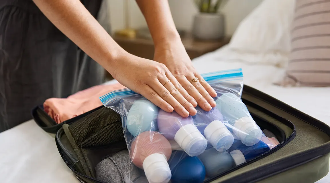 Traveler zipping a clear quart bag full of small silicone bottles into a carry-on bag