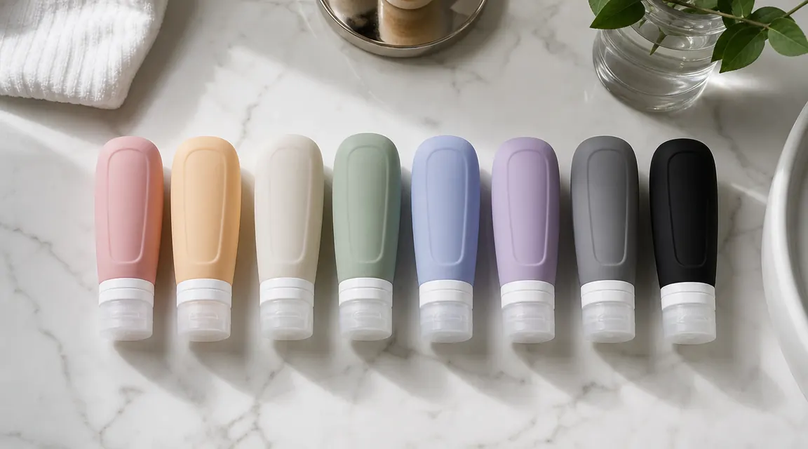 Colorful silicone travel bottles lined up on a bathroom counter ready for a trip