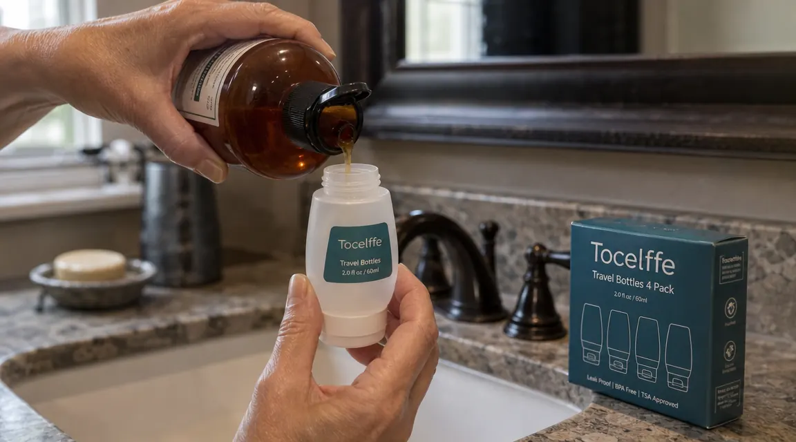 Hands filling a small silicone travel bottle with shampoo from a large bottle