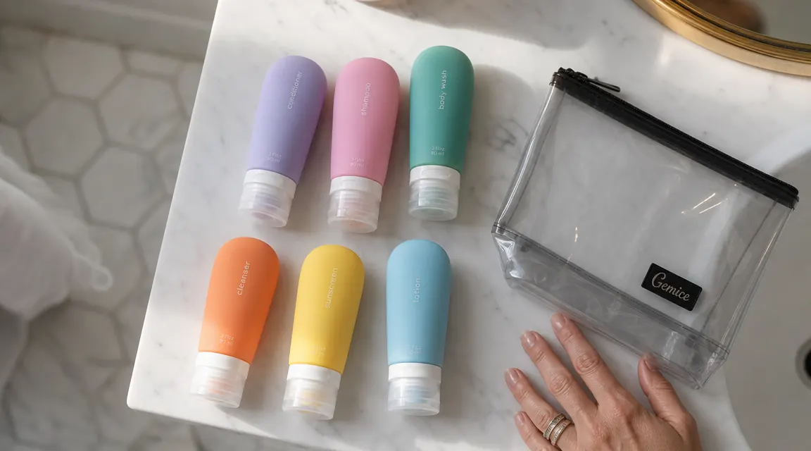 A colorful set of silicone travel bottles arranged on a bathroom counter beside a packed quart-size ziplock bag ready for airport security