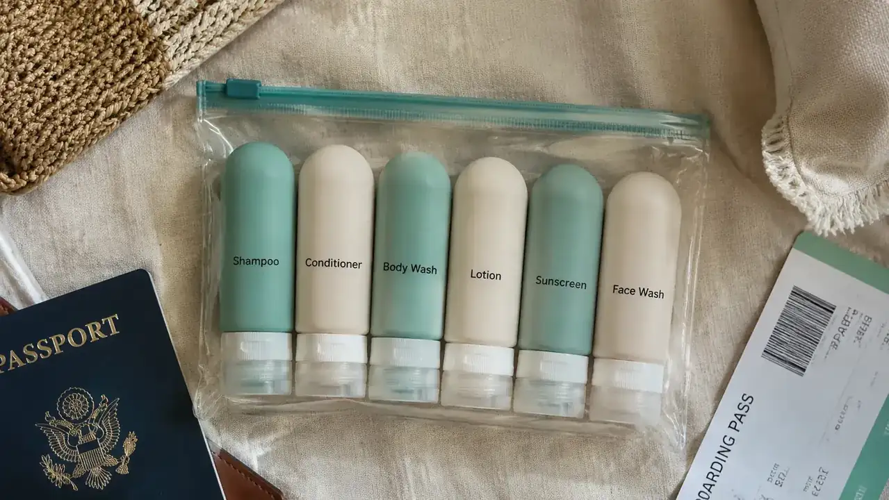 Travel-sized toiletry bag packed with labeled silicone bottles ready for carry-on travel