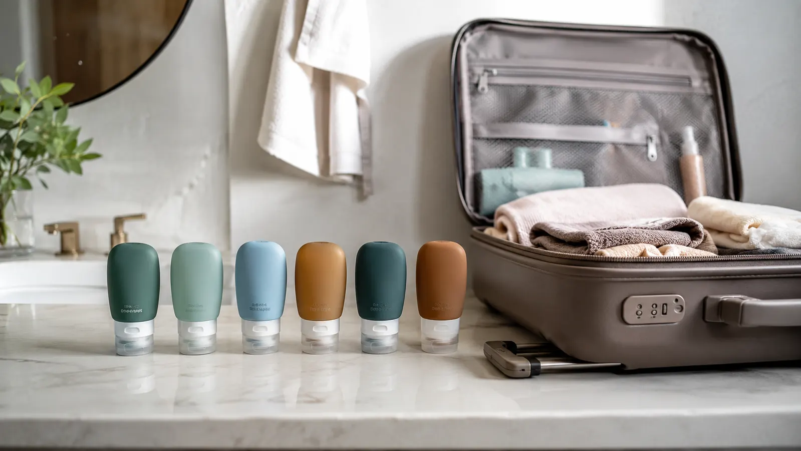 Colorful silicone travel bottles lined up on a white bathroom counter next to an open carry-on bag