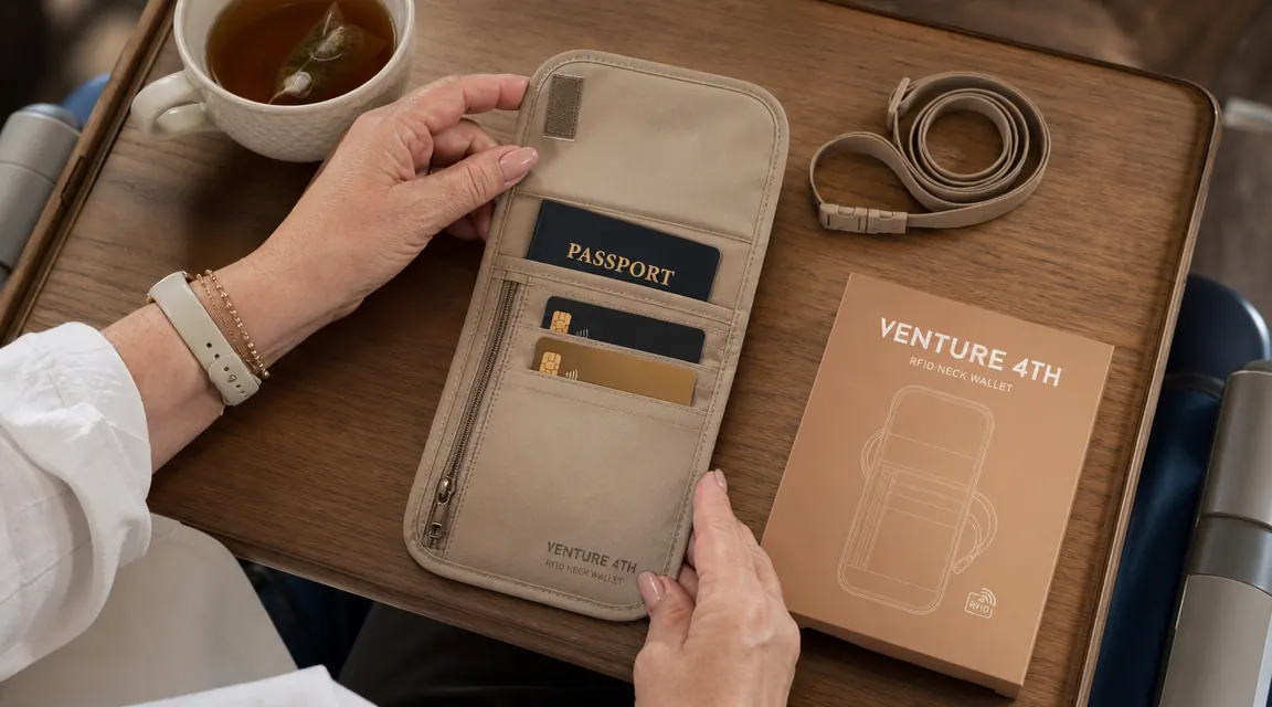 VENTURE 4TH neck wallet laid flat and open showing passport slot, card slots, and adjustable lanyard strap