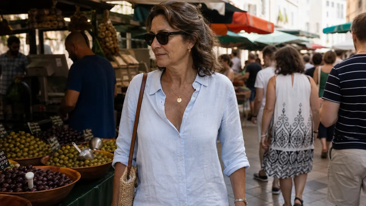 Neck wallet worn concealed under a loose button-down shirt with no visible outline, traveler walking through a busy European market