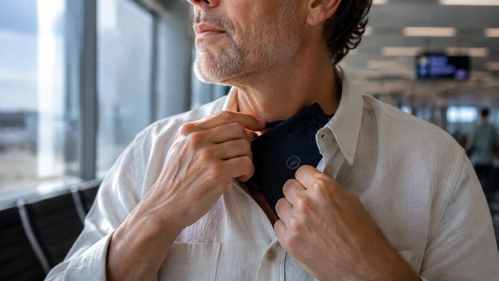 Person tucking a flat neck wallet under a light linen shirt before boarding a flight, passport and credit cards visible inside the open wallet