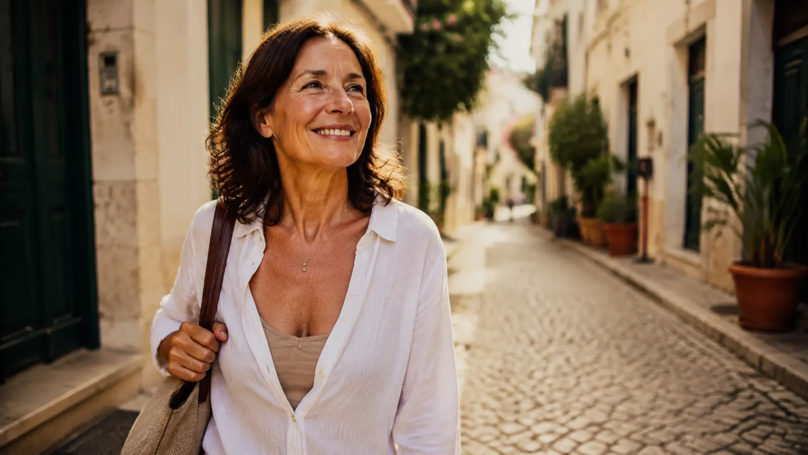 Traveler walking through a cobblestone European street wearing a neck wallet concealed under a light linen shirt