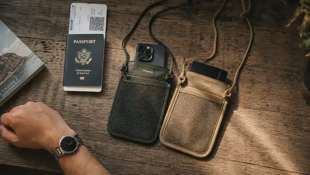 Two RFID neck wallets laid flat on a wooden travel table next to a passport and boarding pass
